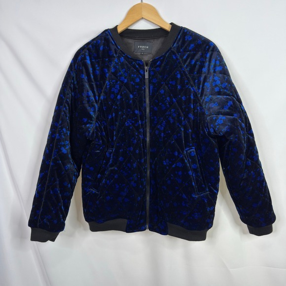 FRNCH Paris Luisa Blue Velvet Quilted Bomber Jacket Size M - Picture 3 of 11